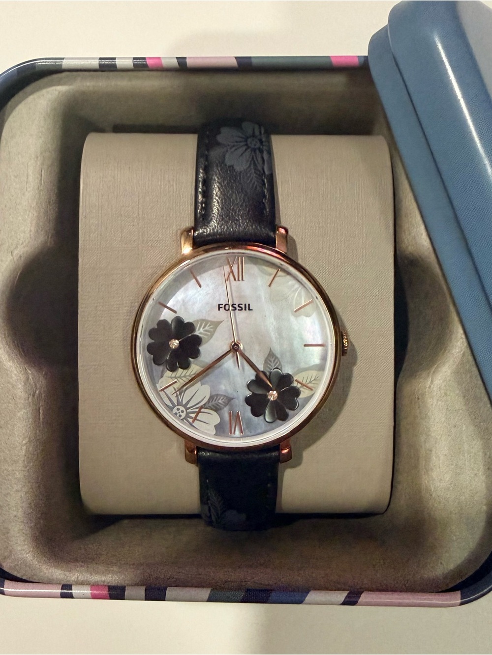 Fossil Jaqueline Floral Watch ES4535 Black Leather Mother Pearl Need Batteries